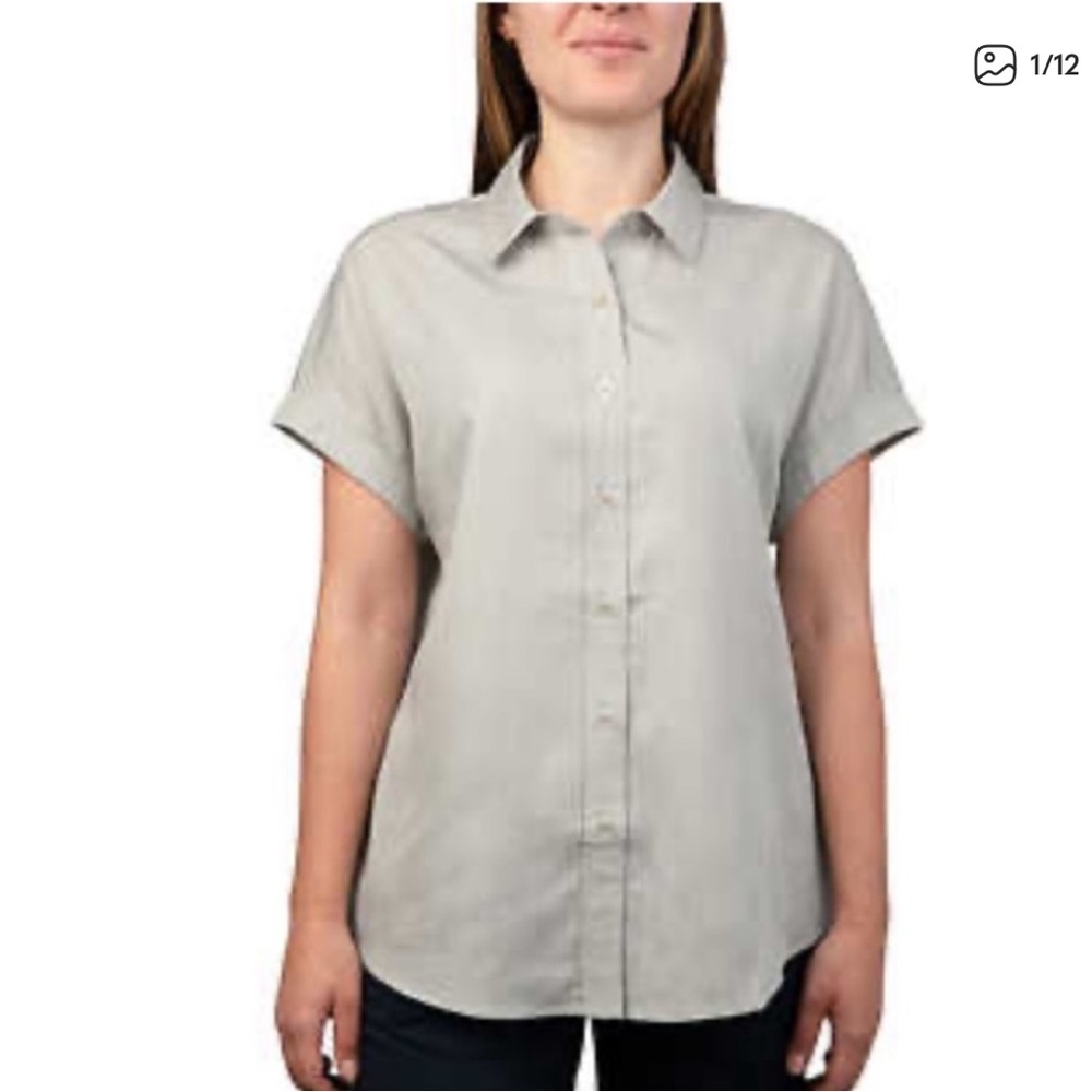 Tilley Tencil Button Down Striped Brown and Cream Tee
